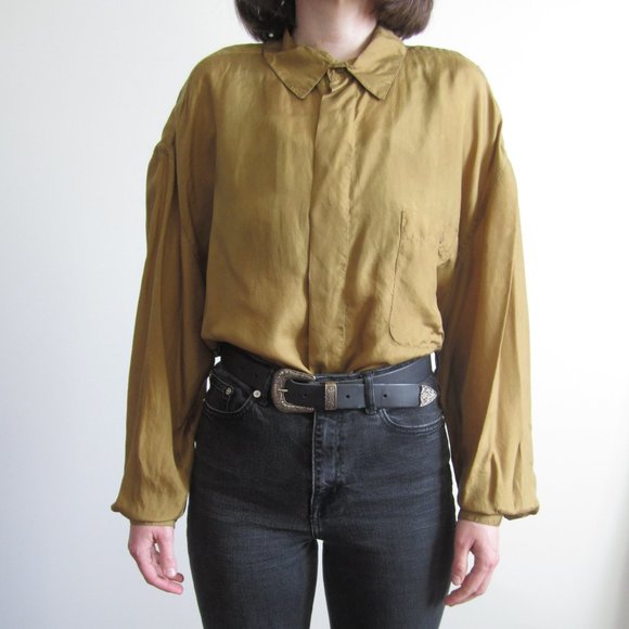 Vintage 1980s silk chartreuse button up blouse - Picture 1 of 6
